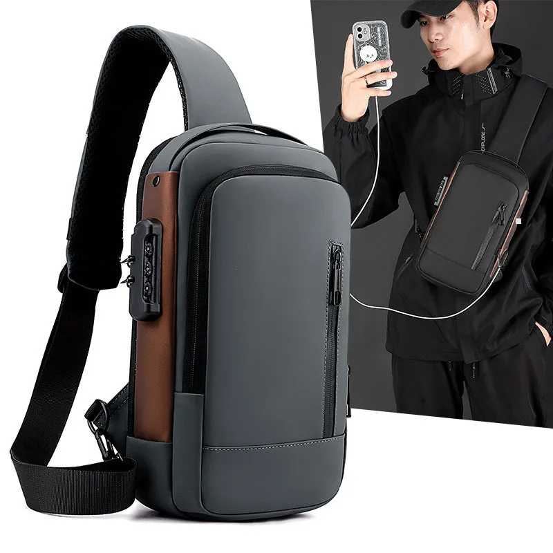 Anti-theft nylon motorcycle chest bag for men with lock solid colour black 25 inches