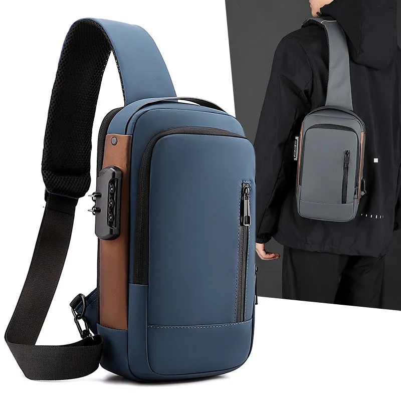 Anti-theft nylon motorcycle chest bag for men with lock solid colour black 25 inches