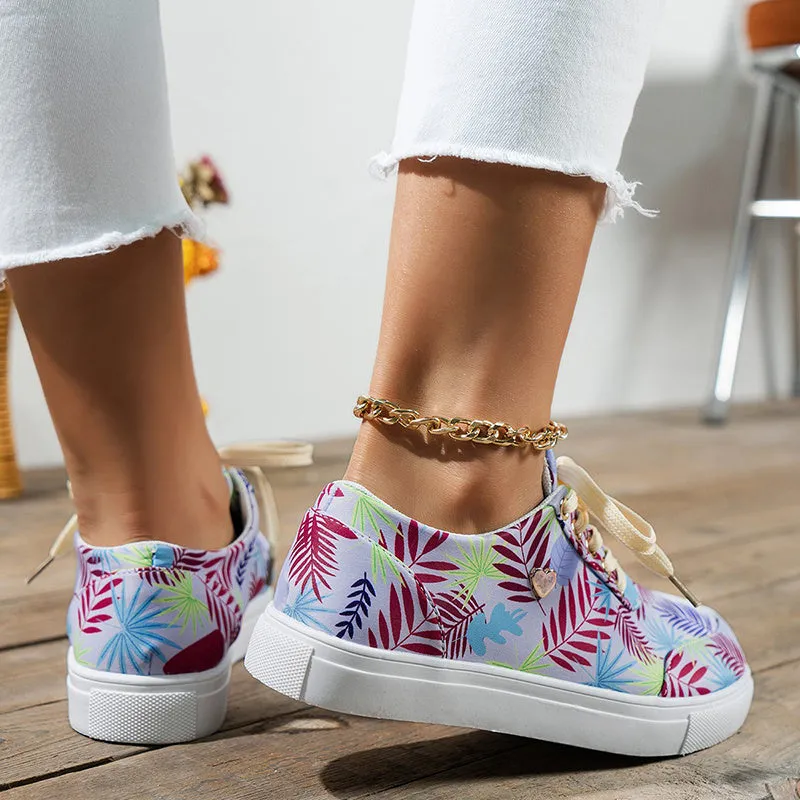 Light blue canvas lace-up flats for women round toe casual sneakers graffiti print