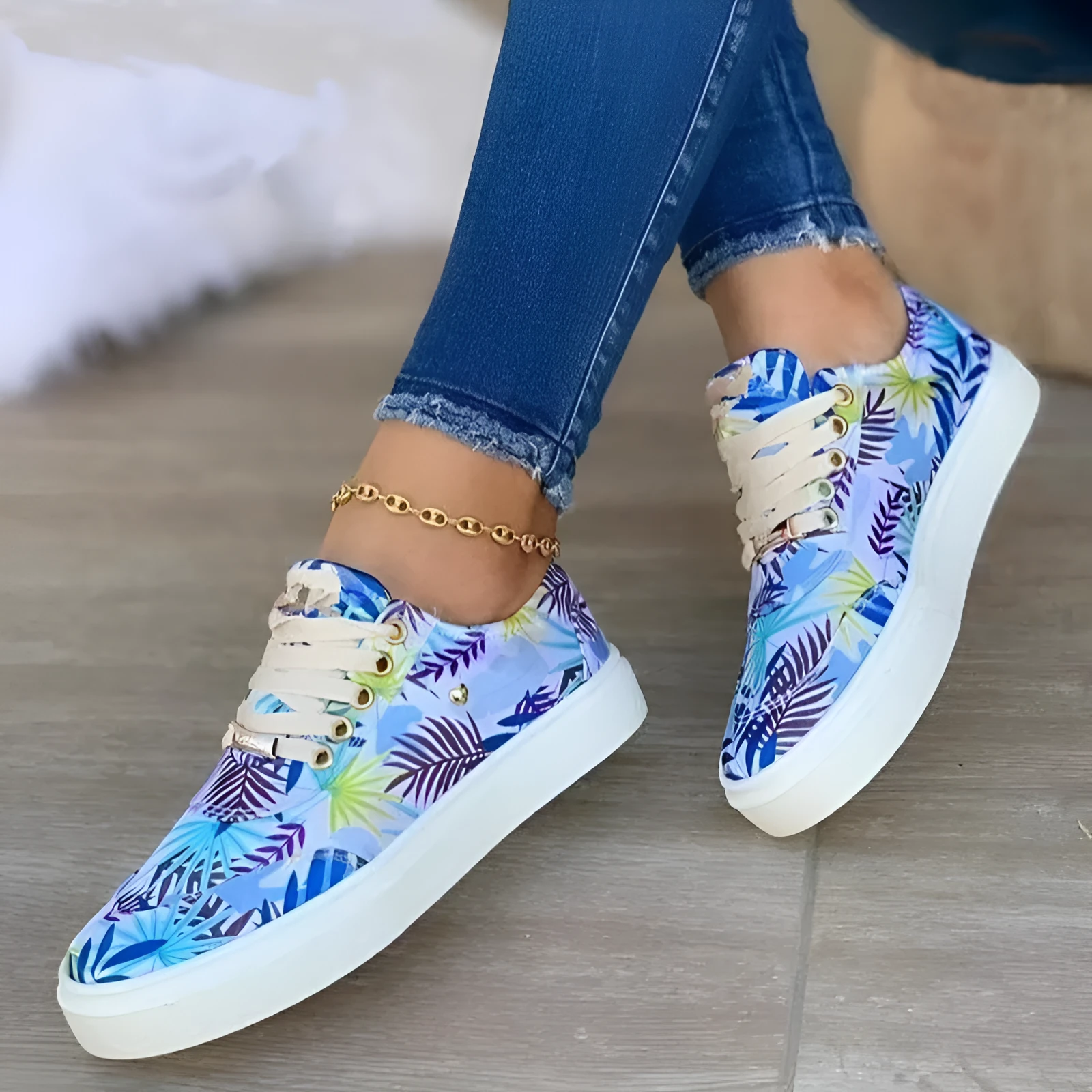 Light blue canvas lace-up flats for women round toe casual sneakers graffiti print