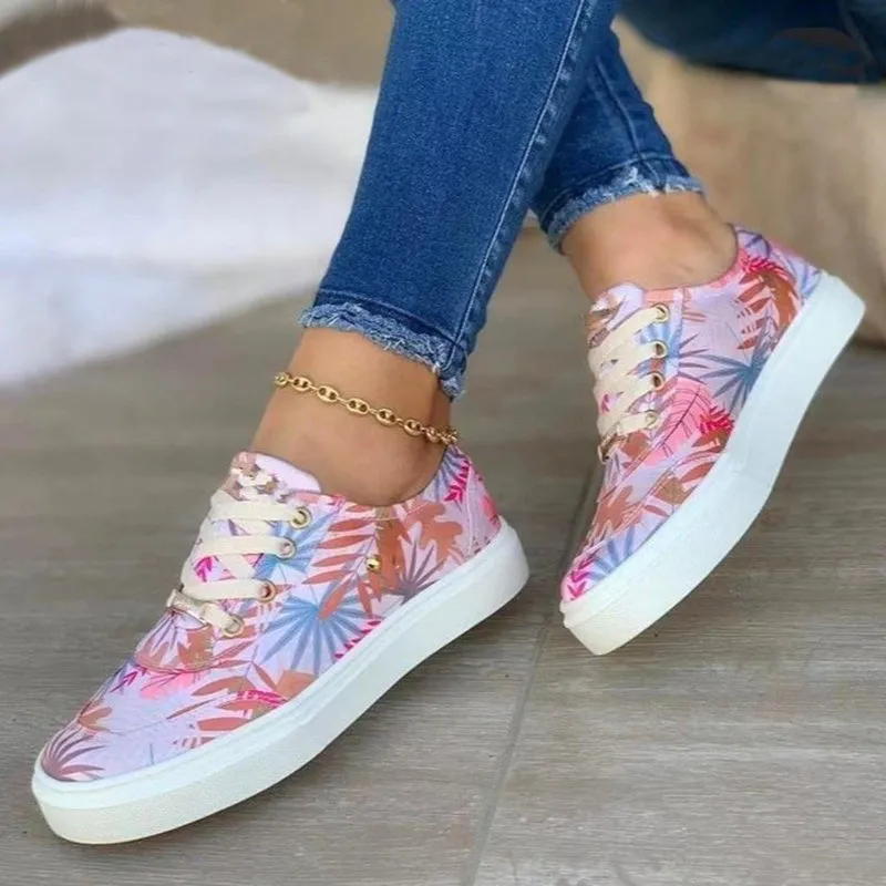 Light blue canvas lace-up flats for women round toe casual sneakers graffiti print