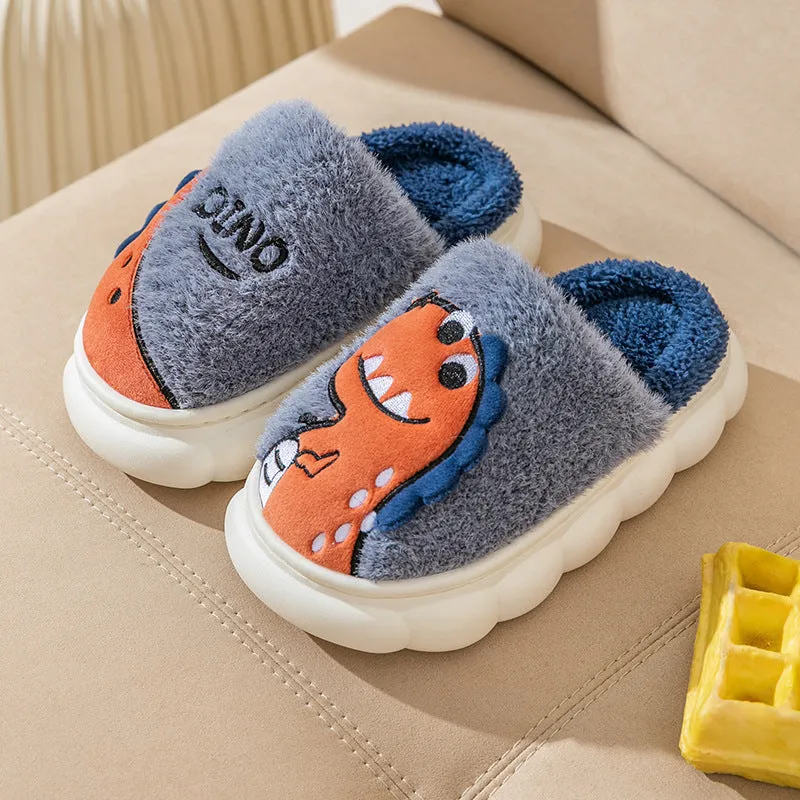 A pair of plush cotton dinosaur-design slippers for couples, shown in grey, coffee, and orange yellow colour options.