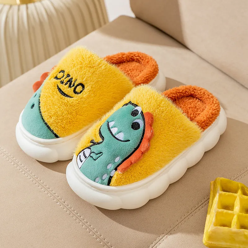 A pair of plush cotton dinosaur-design slippers for couples, shown in grey, coffee, and orange yellow colour options.