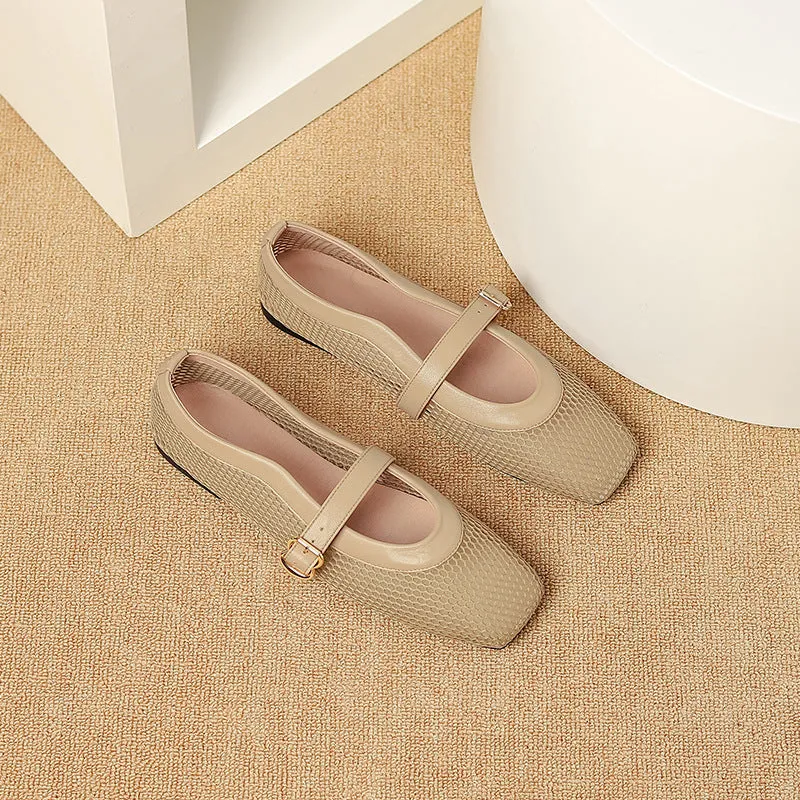 Women's beige mesh flat-heel pump with a square toe and buckle fastening.