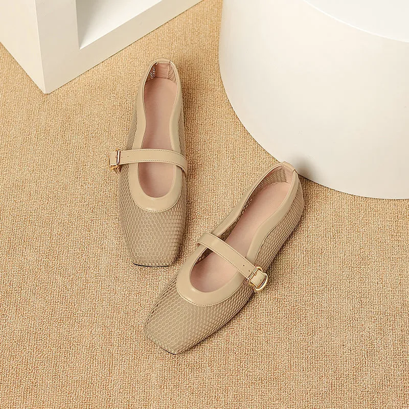 Women's beige mesh flat-heel pump with a square toe and buckle fastening.