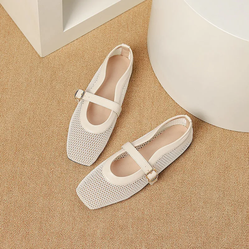 Women's beige mesh flat-heel pump with a square toe and buckle fastening.