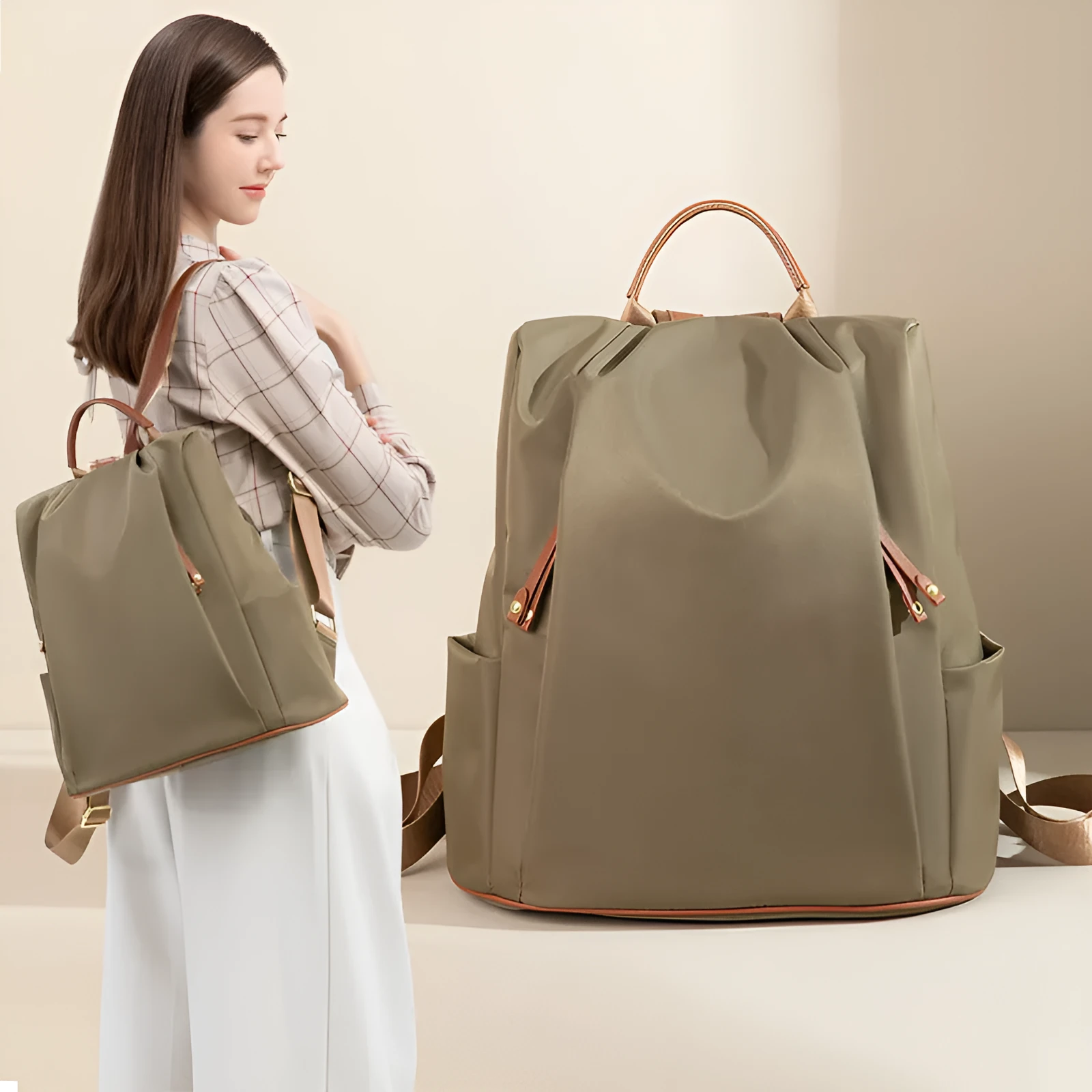 Fashion commuter contrast colour travel backpack in khaki, large capacity nylon with multiple internal pockets