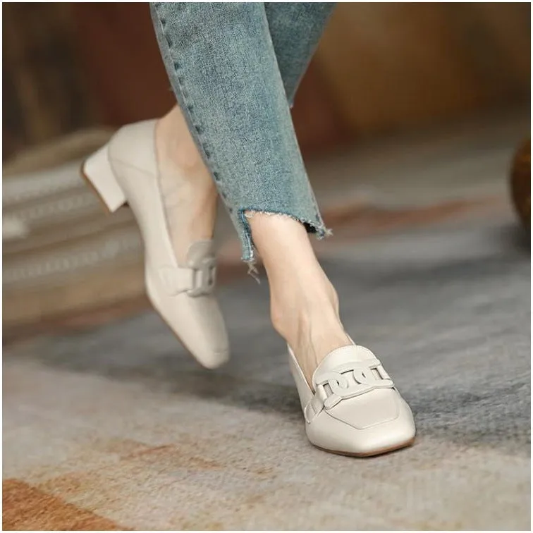 Women's British style chunky heel pumps square toe solid colour microfiber lining apricot beige black