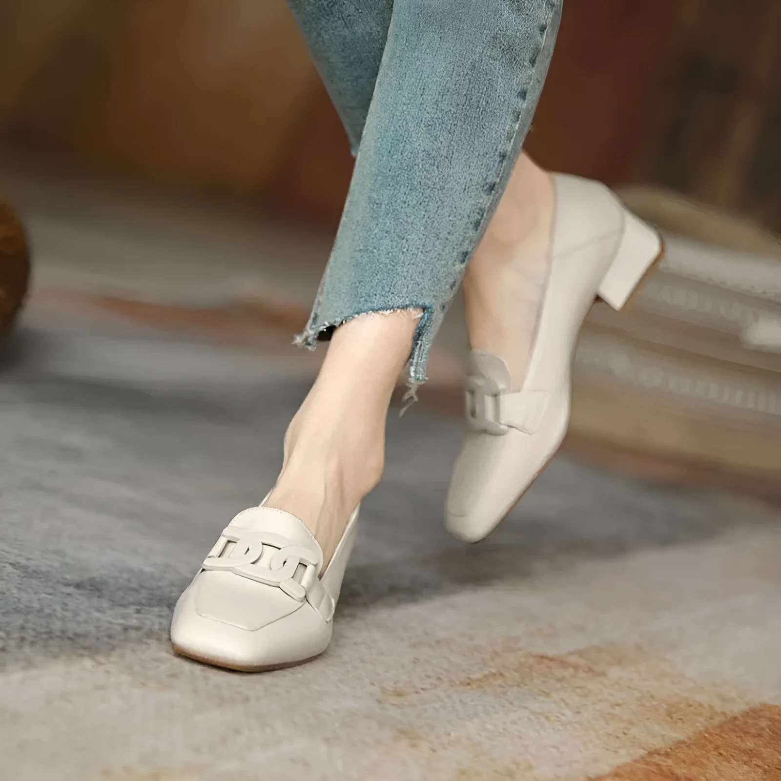 Women's British style chunky heel pumps square toe solid colour microfiber lining apricot beige black