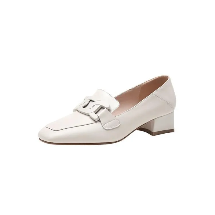 Women's British style chunky heel pumps square toe solid colour microfiber lining apricot beige black