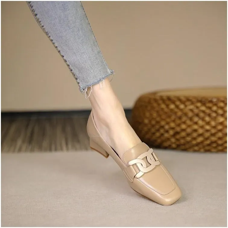 Women's British style chunky heel pumps square toe solid colour microfiber lining apricot beige black