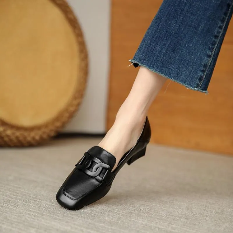 Women's British style chunky heel pumps square toe solid colour microfiber lining apricot beige black