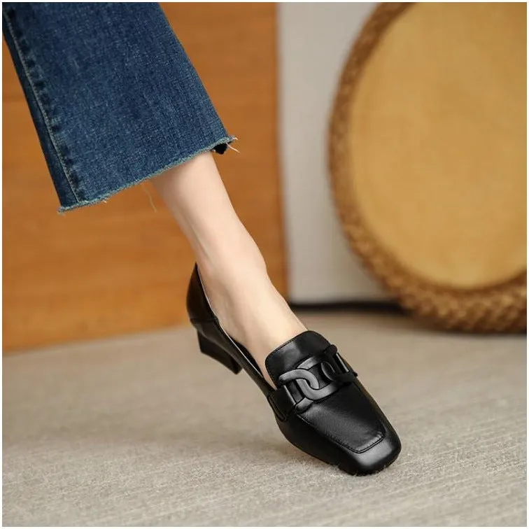 Women's British style chunky heel pumps square toe solid colour microfiber lining apricot beige black