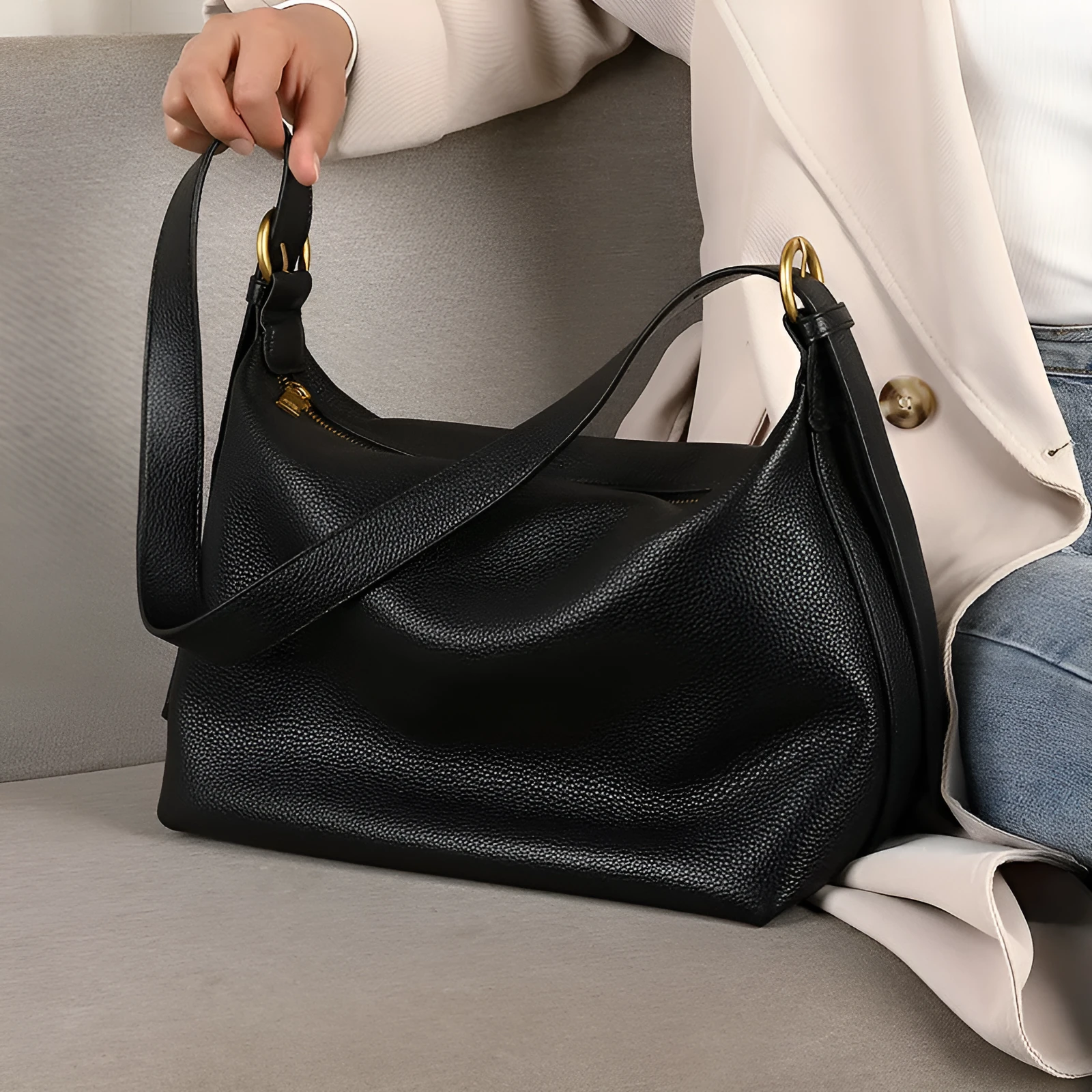 Black litchi grain genuine leather cowhide crossbody underarm bag with open outer pocket and stitching