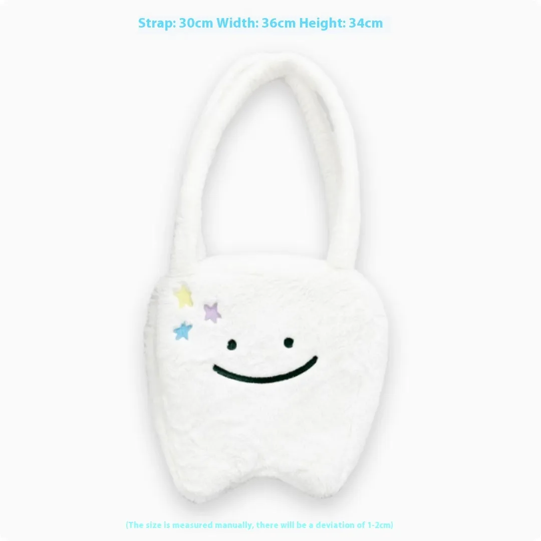 White plush shoulder tote bag with cute teeth design and zip opening