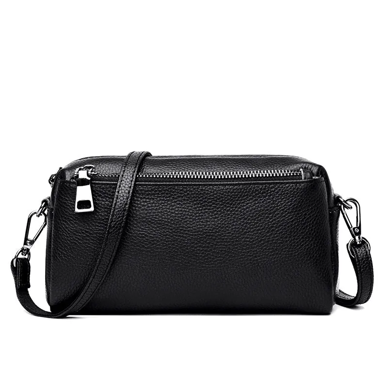 Women's genuine leather crossbody shoulder bag in horizontal square shape, soft cowhide, 21x6x11cm, black colour
