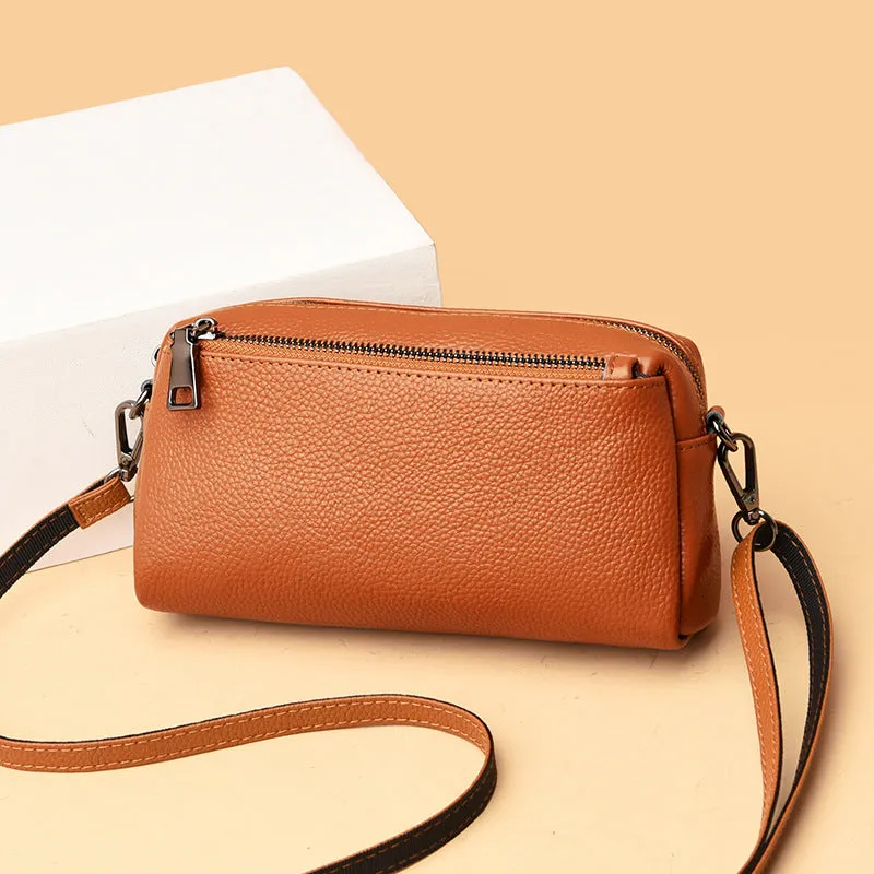 Women's genuine leather crossbody shoulder bag in horizontal square shape, soft cowhide, 21x6x11cm, black colour