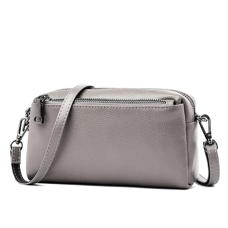 Women's genuine leather crossbody shoulder bag in horizontal square shape, soft cowhide, 21x6x11cm, black colour