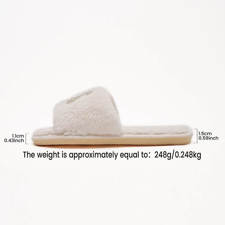 Women's solid colour open toe indoor slippers with suede upper and beaded detail in white