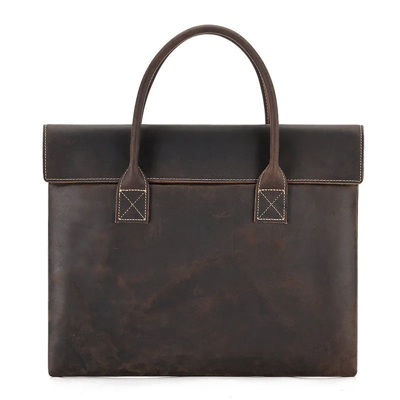 Crazy Horse leather men's handbag thin portable cowhide genuine leather coffee colour business travel