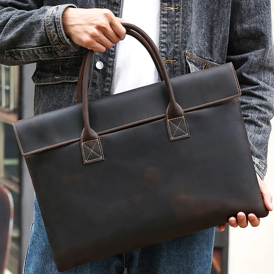 Crazy Horse leather men's handbag thin portable cowhide genuine leather coffee colour business travel