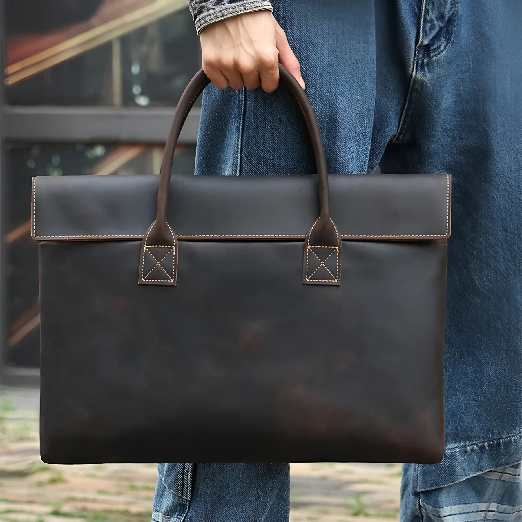 Crazy Horse leather men's handbag thin portable cowhide genuine leather coffee colour business travel