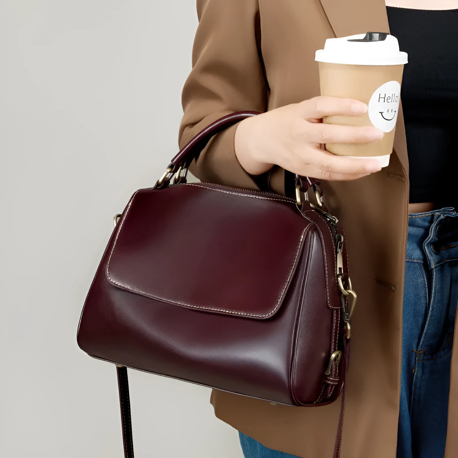 Women's genuine leather crossbody tote bag in cross square design with double straps and multiple compartments