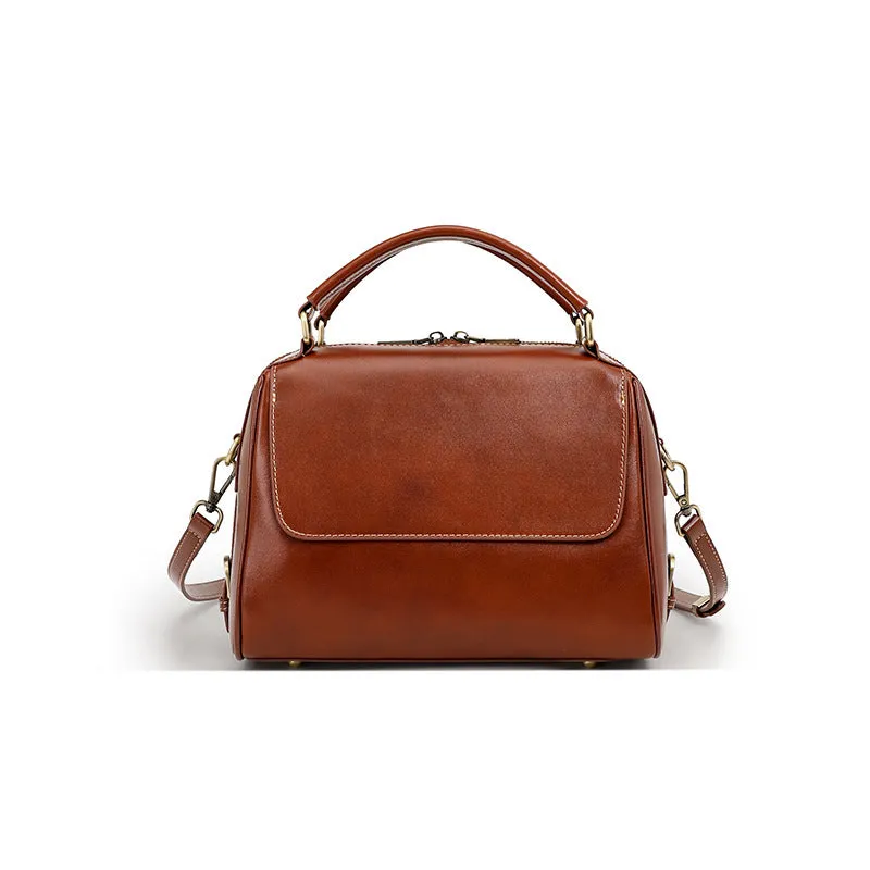 Women's genuine leather crossbody tote bag in cross square design with double straps and multiple compartments