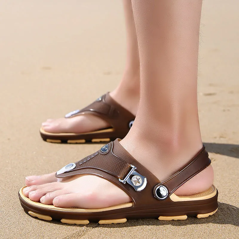 Men's flat heel sandals with PU upper and EVA sole, overshoe style, in blue or bronze, sizes 39-45