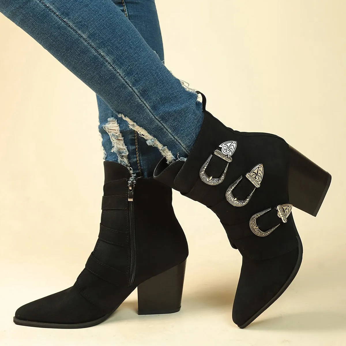 Chunky heel pointed toe retro mid-calf boots with belt buckle design for women, black colour, side view
