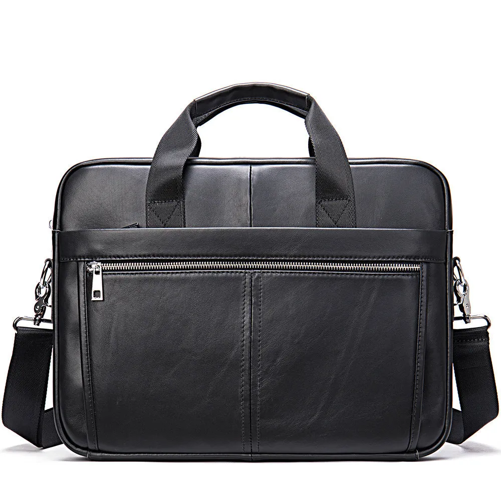 Men's genuine cowhide leather handbag in solid colour, waterproof business commute bag with strap