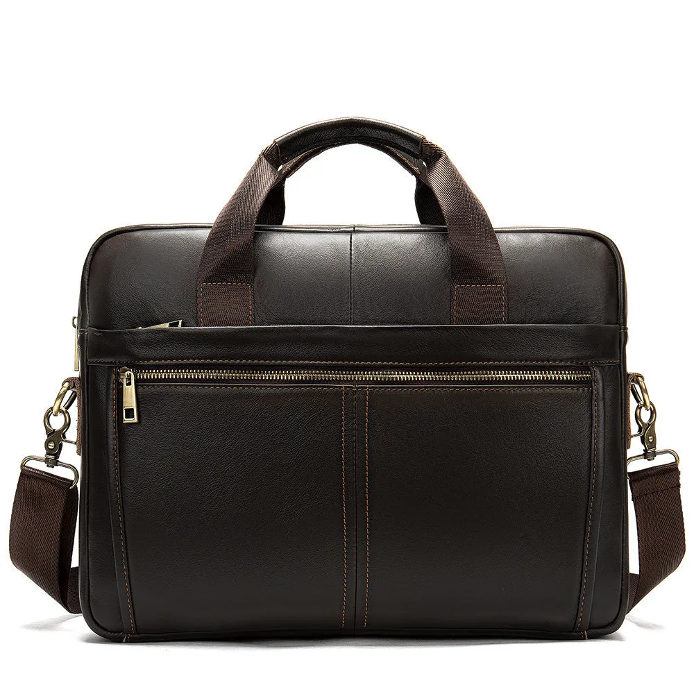 Men's genuine cowhide leather handbag in solid colour, waterproof business commute bag with strap