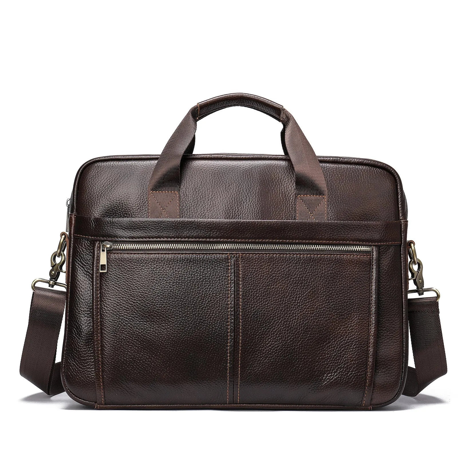 Men's genuine cowhide leather handbag in solid colour, waterproof business commute bag with strap