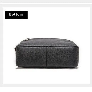 Men's black genuine leather shoulder bag with sewing thread detail, standard size