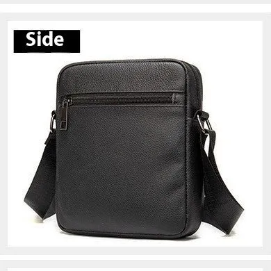 Men's black genuine leather shoulder bag with sewing thread detail, standard size