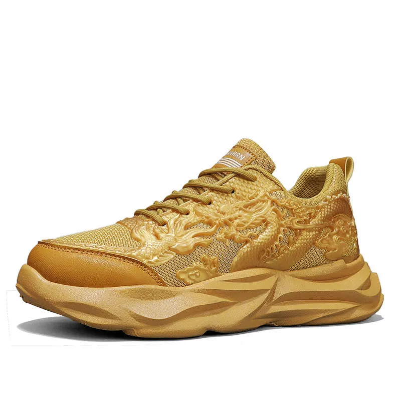 Fly knit casual sneakers in Chinese dragon colourway with micro fibre uppers and rubber soles