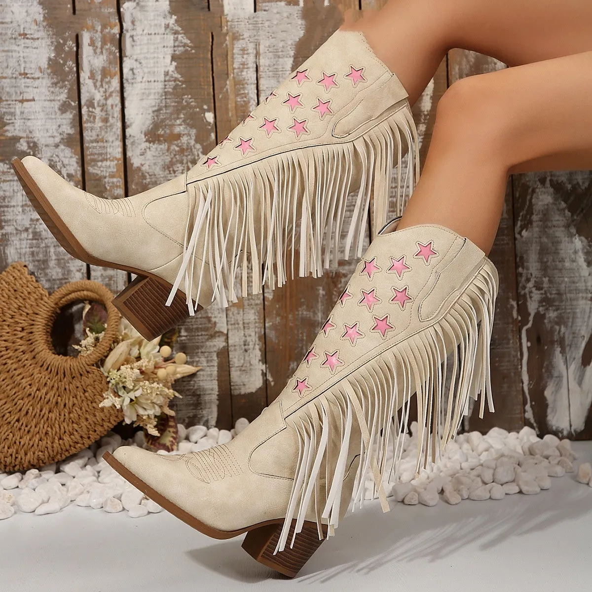 Fashion women's high heel tassel embroidery boots in beige, artificial PU upper, rubber sole