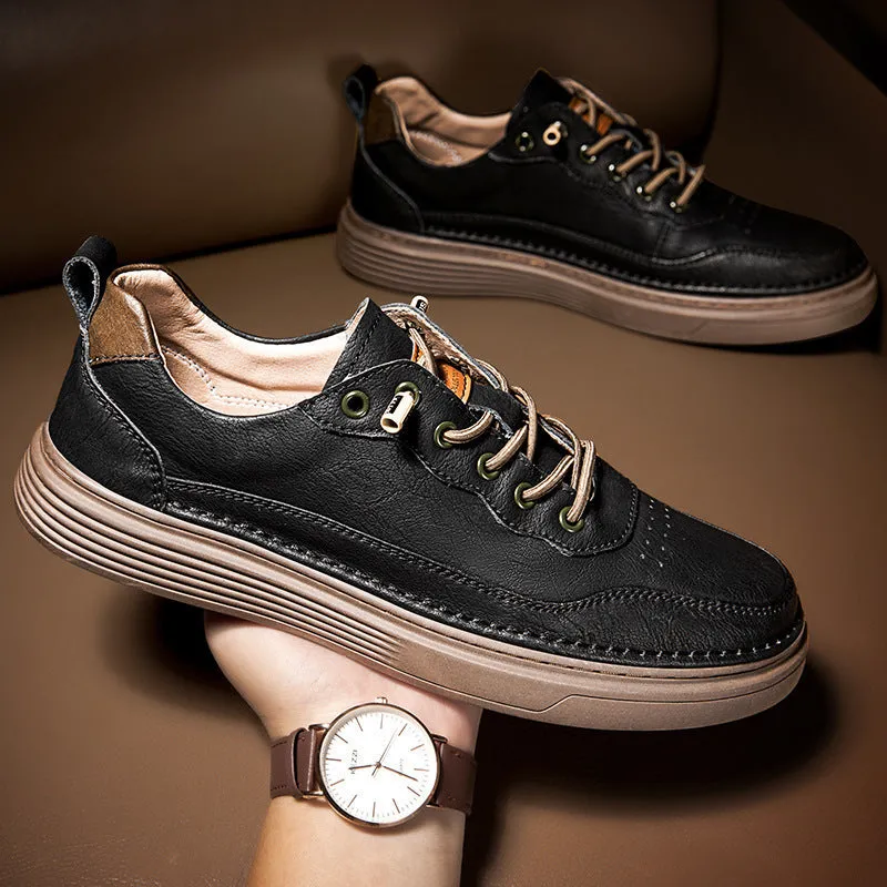 Versatile low-top cowhide flat shoes in black, beige, khaki for outdoor mountaineering and leisure