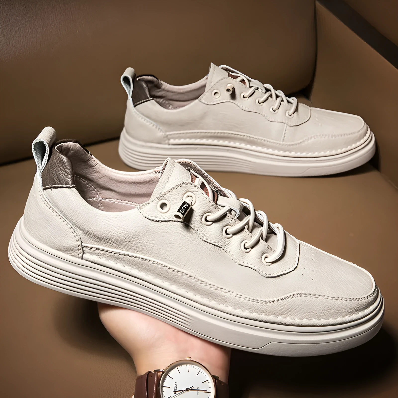 Versatile low-top cowhide flat shoes in black, beige, khaki for outdoor mountaineering and leisure