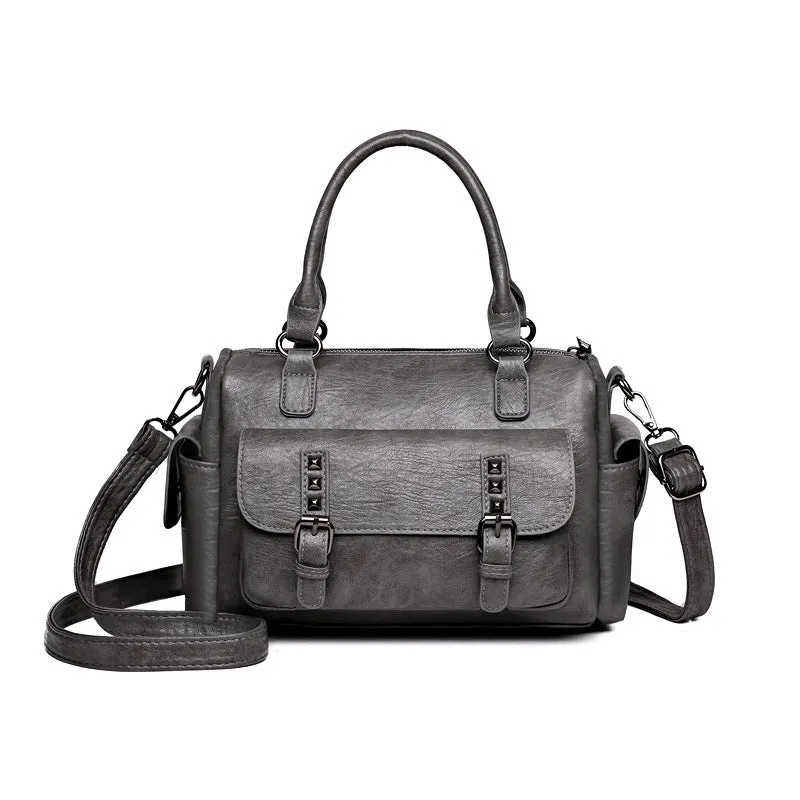 Vintage-style square messenger bag in PU leather with contrast stitching, shown in multiple colour options.
