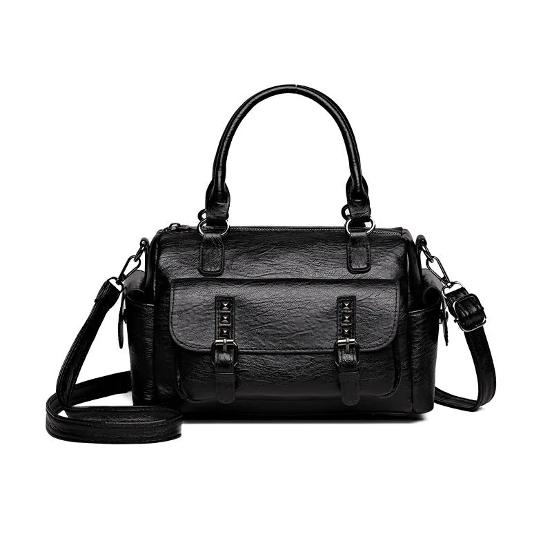 Vintage-style square messenger bag in PU leather with contrast stitching, shown in multiple colour options.