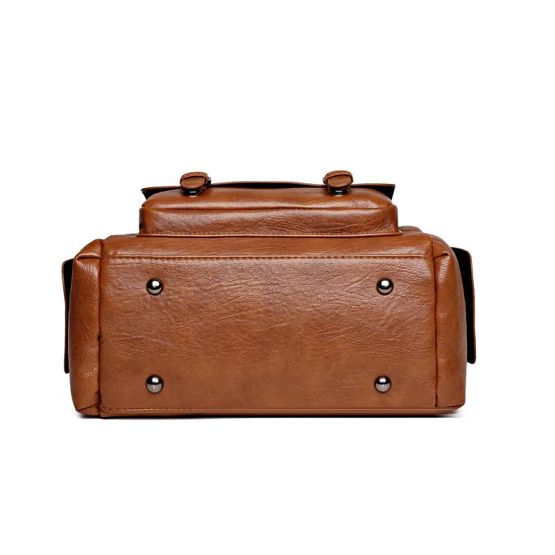 Vintage-style square messenger bag in PU leather with contrast stitching, shown in multiple colour options.