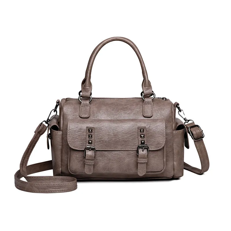Vintage-style square messenger bag in PU leather with contrast stitching, shown in multiple colour options.