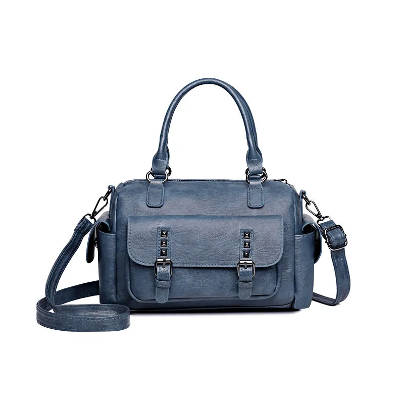 Vintage-style square messenger bag in PU leather with contrast stitching, shown in multiple colour options.