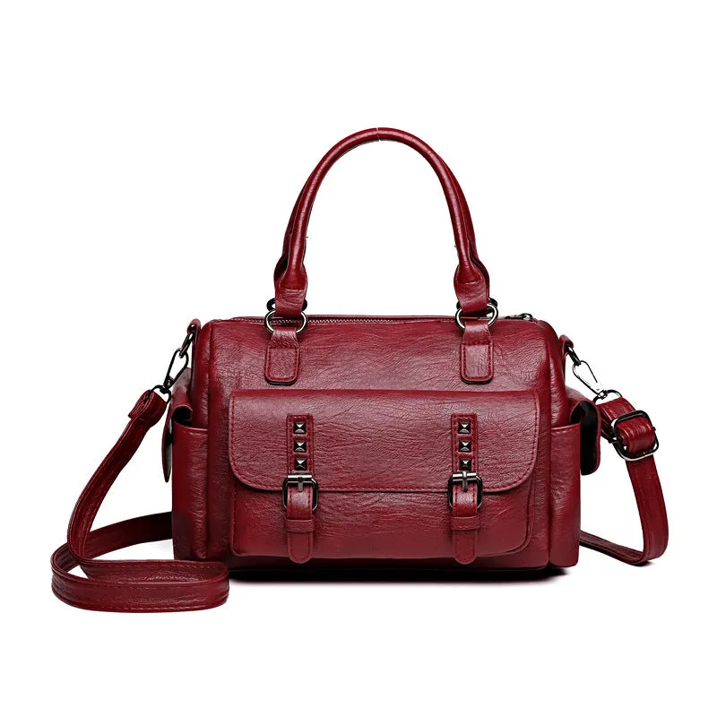Vintage-style square messenger bag in PU leather with contrast stitching, shown in multiple colour options.