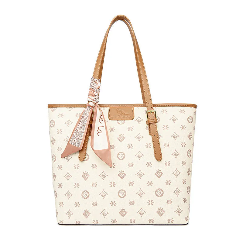 Large capacity women's shoulder bag with printing, PU material, horizontal square shape, sandwich pocket, double straps, colour black, brown, beige