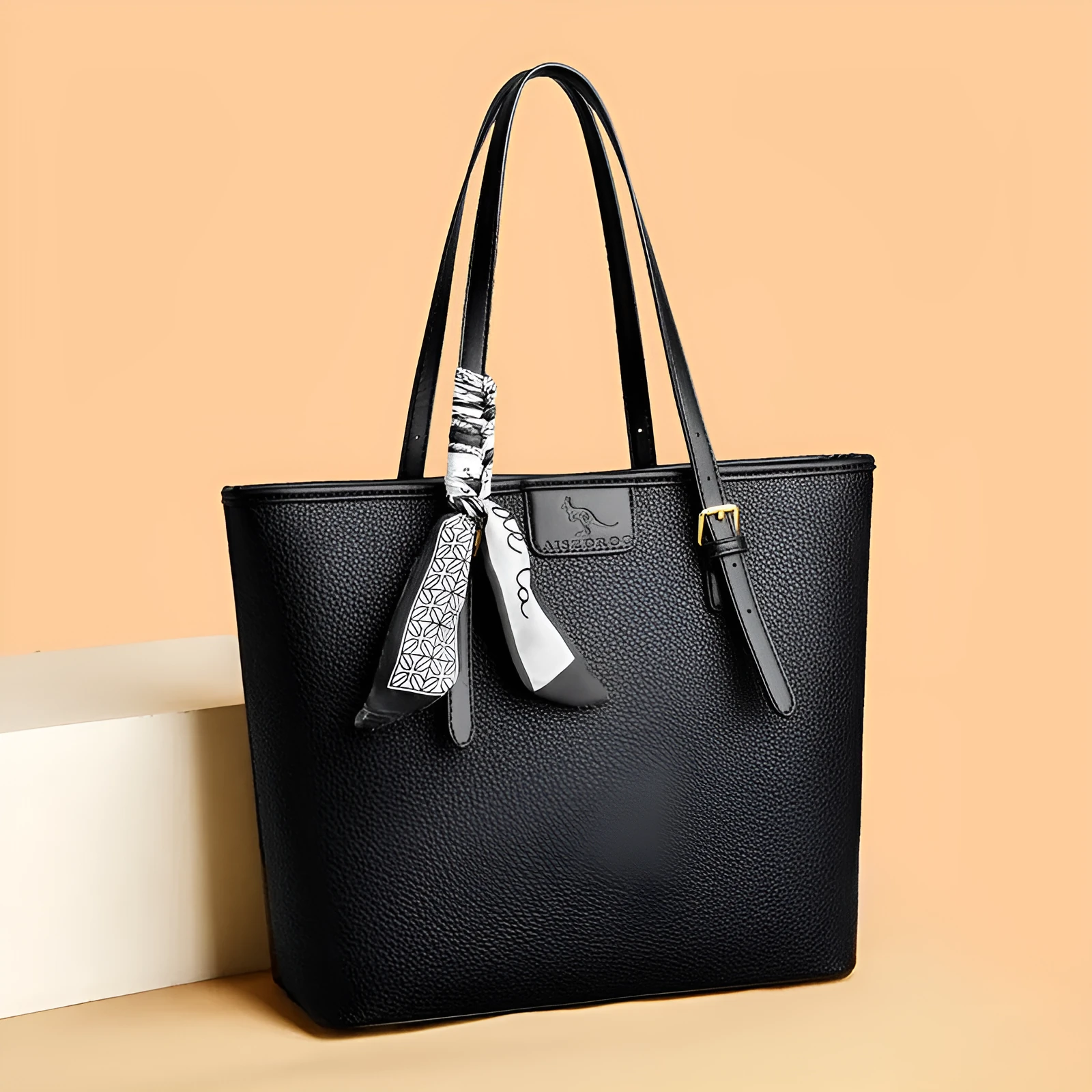 Large capacity women's shoulder bag with printing, PU material, horizontal square shape, sandwich pocket, double straps, colour black, brown, beige
