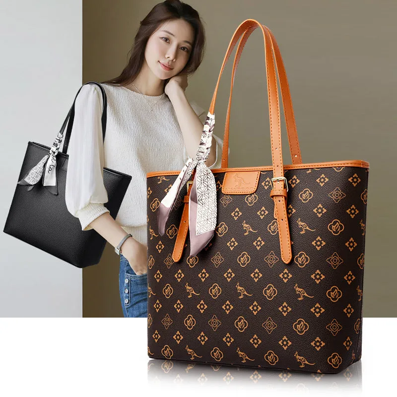 Large capacity women's shoulder bag with printing, PU material, horizontal square shape, sandwich pocket, double straps, colour black, brown, beige