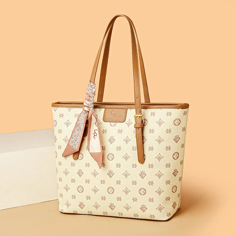 Large capacity women's shoulder bag with printing, PU material, horizontal square shape, sandwich pocket, double straps, colour black, brown, beige
