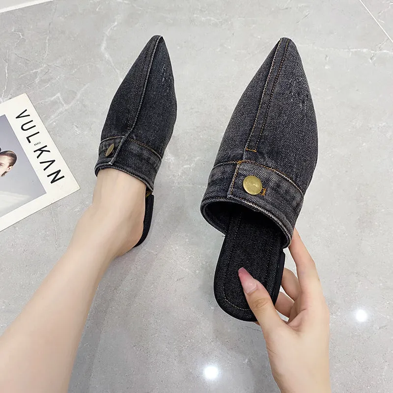 Women's washed denim flat closed toe slippers in light blue with canvas upper and rubber sole